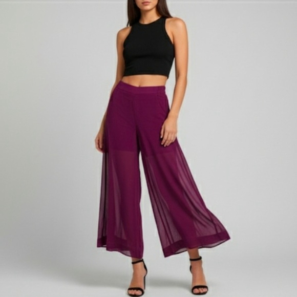 Uniq Pants - Burgundy Palazzo Pants Small Wide Leg Sheer Lined
